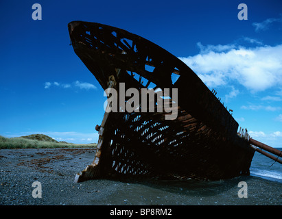 Il telaio arrugginito del relitto di una nave su una spiaggia. Il Cile, Sud America Foto Stock