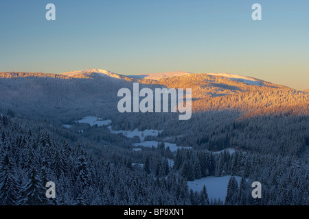 Coperte di neve con Feldberg Seebachtal su un inverno di mattina, Sunrise, Foresta Nera, Baden-Wuerttemberg, Germania, Europa Foto Stock