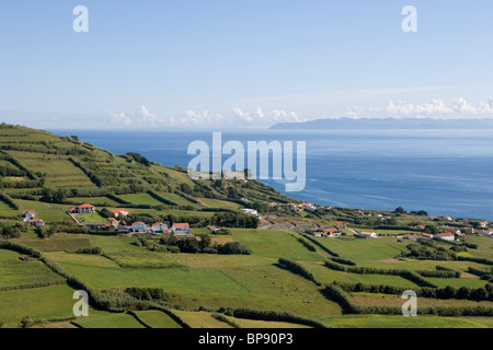 Gli edifici rurali e prati verdi, Horta, isola di Faial, Azzorre, Portogallo, Europa Foto Stock