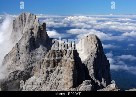 Rosengartenspitze, Vajolet torri e King Laurin mountain faccia, gruppo del Catinaccio, Dolomiti, Trentino-Alto Adige, Foto Stock