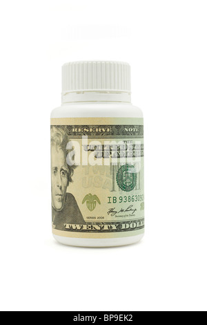 Venti dollari USA Bill sulla medicina bottiglia isolato su bianco Foto Stock