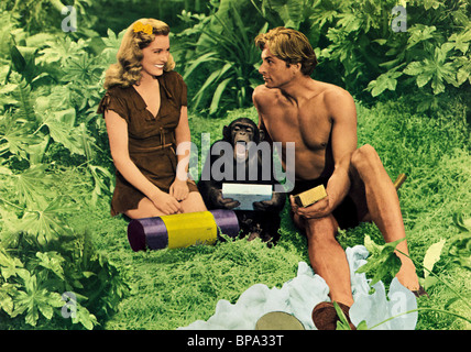 BRENDA JOYCE LEX BARKER & CHIMP Tarzan e la fontana magica (1949) Foto Stock