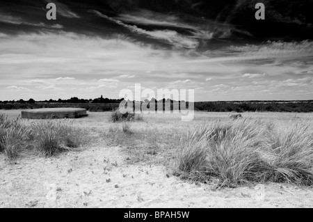 Una scatola di pillole sulla spiaggia nelle zone costiere Essex. Sabbia e erba in primo piano e uno scuro, drammatico, cielo nuvoloso. In bianco e nero. Foto Stock