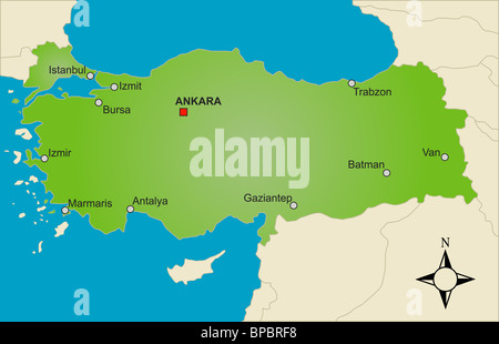 Una mappa stilizzata della Turchia che mostra diverse città. Foto Stock