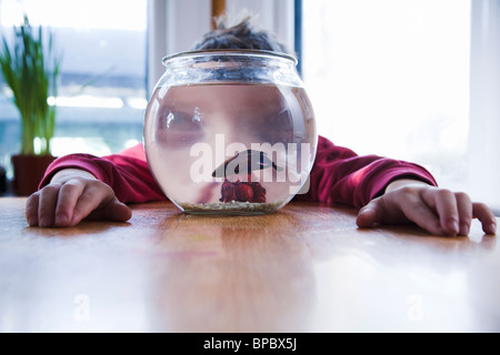 Ragazzo a guardare il suo pet betta pesce in un pesce serbatoio / fishbowl Foto Stock