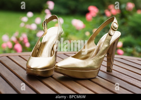 Coppia di donna tacco alto scarpe sul bordo esterno Foto Stock