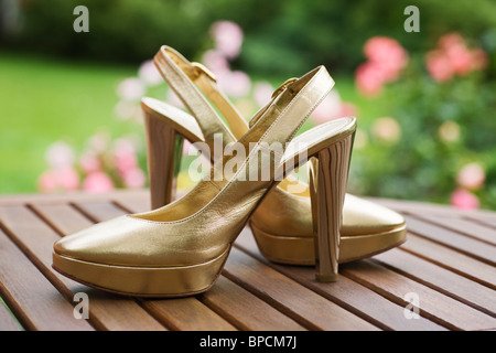 Coppia di donna tacco alto scarpe sul bordo esterno Foto Stock