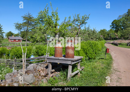 Bicchieri di latte in corrispondenza del bordo della strada rurale Foto Stock