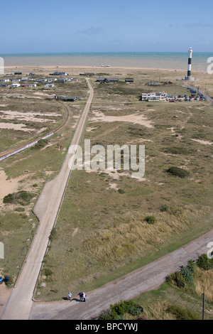 Vista aerea di dungeness spiaggia strade arbusto faro Foto Stock