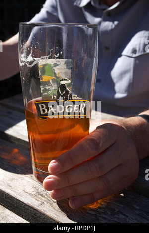 Bere una pinta di birra Badger in un pub giardino in Dorset Foto Stock