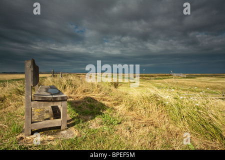 Pioggia nuvole e sole su paludi Elmley riserva naturale sull'Isle of Sheppey, Kent, Regno Unito Foto Stock