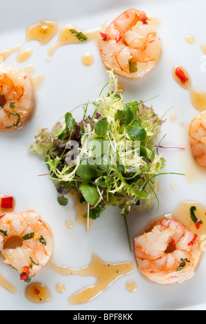 Sauté di gamberi con chill, zenzero e coriandolo con un nido di baby insalata in foglie Foto Stock