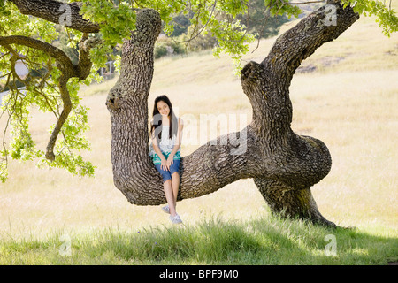 Ispanico ragazza seduta nella struttura ad albero Foto Stock