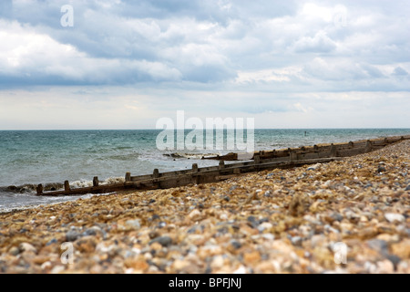 Groynes su ghiaia spiaggia paesaggio Foto Stock