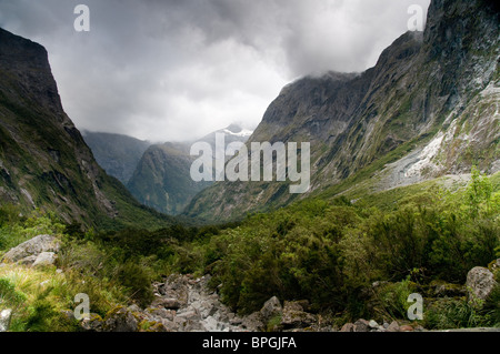 Valle sulla strada a Milford Sound, Isola del Sud, Nuova Zelanda Foto Stock