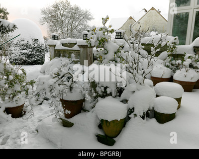 Surrey in Inghilterra neve spessa in giardino per le piante in vaso coperta di neve Foto Stock