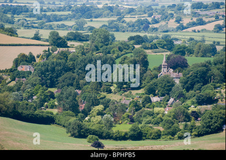 Vista da Spread Eagle collina che affaccia Compton Abbas in Dorset, Inghilterra. Foto Stock