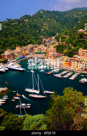 Barche ormeggiate nel piccolo porto di Portofino Liguria Italia Foto Stock