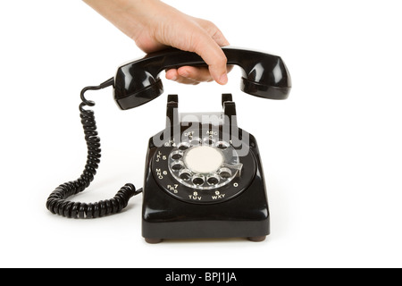 Telefono nero con sfondo bianco Foto Stock