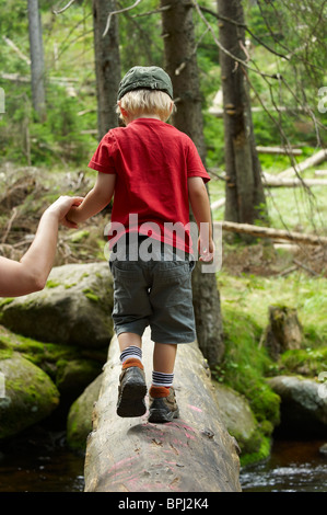 I bambini ad esplorare nella foresta - madre aiutare figlio oltre il torrente - parco nazionale Sumava Repubblica Ceca Foto Stock