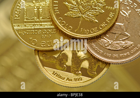 Gold Bullion decimo once monete - Austrian Wiener Phiharmoniker; Canadian Maple Leaf; South African decimo Krugerrand; cinese Panda Foto Stock