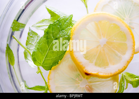 Limone e menta flottante in una ciotola di vetro di acqua Foto Stock
