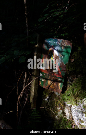 Arrugginimento cartello segnaletico e pietre a secco muro circa i pericoli di avviare gli incendi boschivi in inglese bosco. Foto Stock