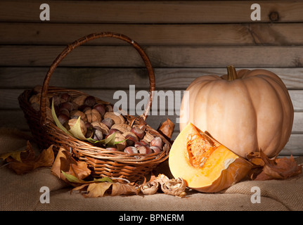 Natura morta con zucche, noci e nocciole Foto Stock