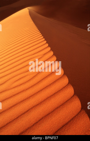 Colpi di sabbia dalla cresta di una duna in Erg Chebbi vicino a Merzouga in Marocco Foto Stock