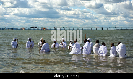 I membri degli apostoli della Chiesa Muchinjikwa effettuando un battesimo nell'estuario del Tamigi a Southend. Foto Stock