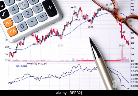 La stampa di grafici finanziari con una calcolatrice, penna e bicchieri di reporting delle prestazioni di stock Foto Stock