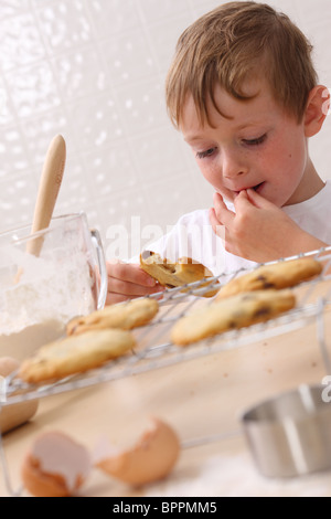 Giovane ragazzo in cucina mangiare cookie Foto Stock