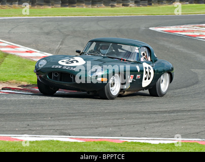 E type Jaguar Race Car negozia Brittens ad Oulton Park Motor Racing circuito Cheshire England Regno Unito Regno Unito Foto Stock