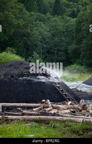 Il modo tradizionale di produzione di carbone in Romania. Foto Stock