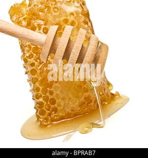 Miele naturale che gocciola dalla drizzler in legno isolato su bianco. Foto Stock