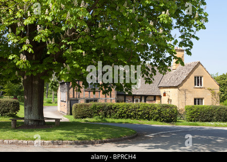 Il castagno accanto alla Acorn Smithy in old forge nel villaggio Costwold di Didbrook, nel Gloucestershire. Foto Stock