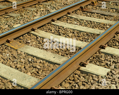 Primo piano delle linee ferroviarie e delle traversine Inghilterra Regno Unito GB Gran Bretagna Foto Stock