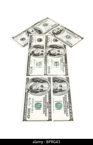 Freccia fatta di dollari isolato su bianco Foto Stock