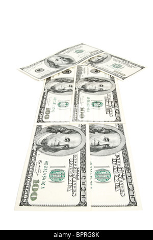 Freccia fatta di dollari isolato su bianco Foto Stock