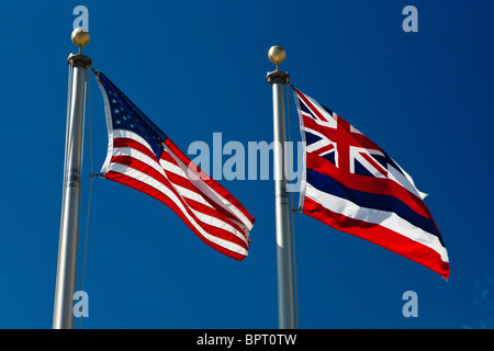 La bandiera americana e dello stato delle Hawaii battenti bandiera fianco a fianco, la Big Island, Hawaii, Stati Uniti d'America Foto Stock