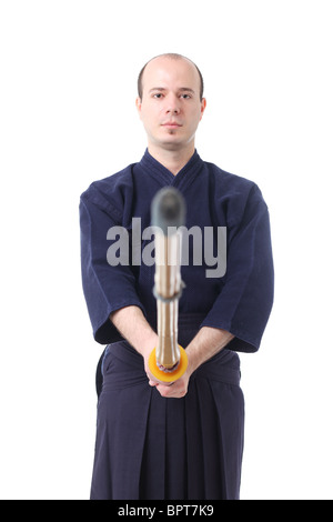 Ritratto di un combattente di Kendo con Shinai Foto Stock