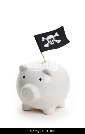 Bandiera del pirata e il salvadanaio, concetto di crimine di business Foto Stock