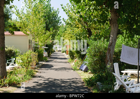 Percorso in un caravan park, Antibes, Francia, rivestiti su entrambi i lati con un sacco di alberi e cespugli Foto Stock
