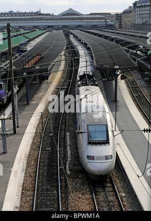 Un ad alta velocità TGV che arrivano ad una stazione ferroviaria di Parigi, Francia. Foto Stock