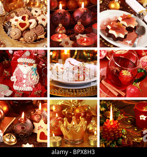 Raccolta di nove vivono ancora le foto per il Natale in oro e di tono rosso Foto Stock