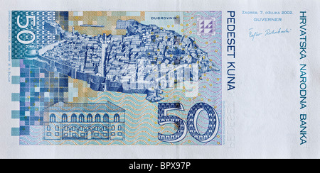 Vista di Dubrovnik sul lato posteriore di un croato 50 Kuna banconota Foto Stock