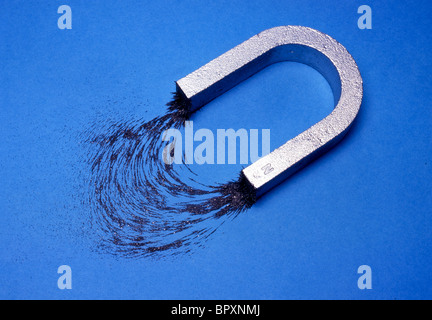 La limatura di ferro mostrano i campi dei due poli di un magnete a U. Foto Stock
