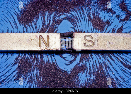 La limatura di ferro mostrano i campi dei due poli opposti di due magneti bar. Nota attrazione tra poli. Foto Stock