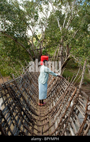 Cestello tradizionale ponte che attraversa il sud del fiume Rukuru, Kandewe village, Rumphi regione, Malawi Foto Stock