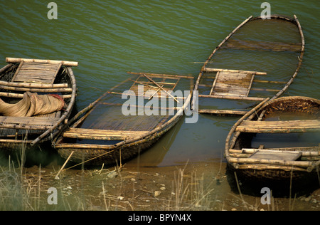 Quattro vecchie barche da pesca allineate lungo il bordo di un lago. Foto Stock